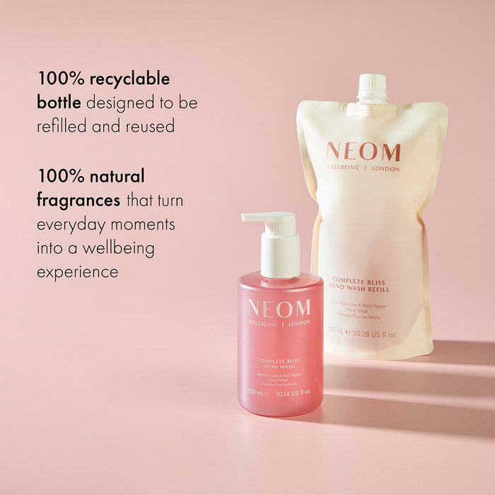 NEOM Complete Bliss hand wash bottle and refill pouch with recyclable and natural fragrance messaging