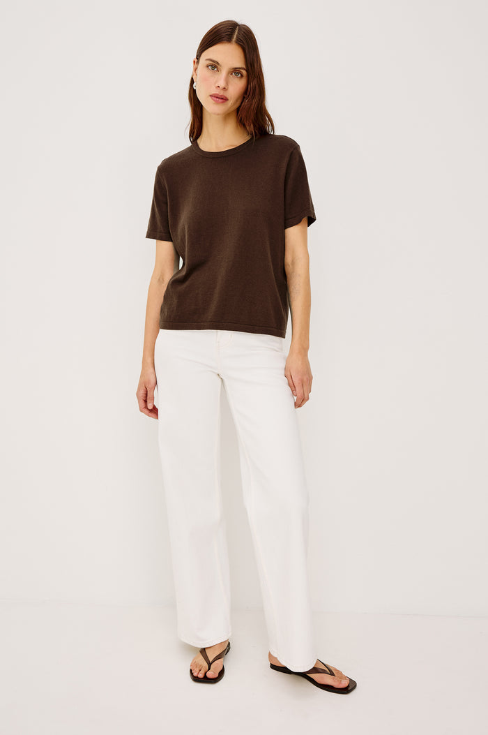 Women's short-sleeve T-shirt in Espresso brown, crafted from a premium cotton-cashmere blend - front view featured on model.