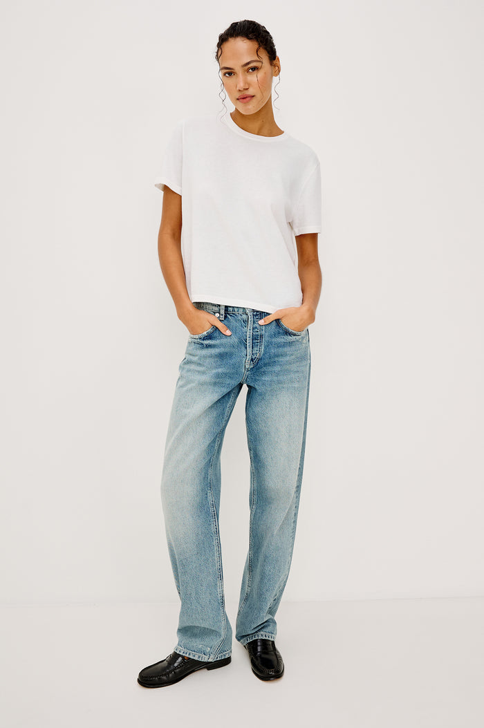 Cotton Cashmere Short Sleeve crew neck T-Shirt in White - front view on model