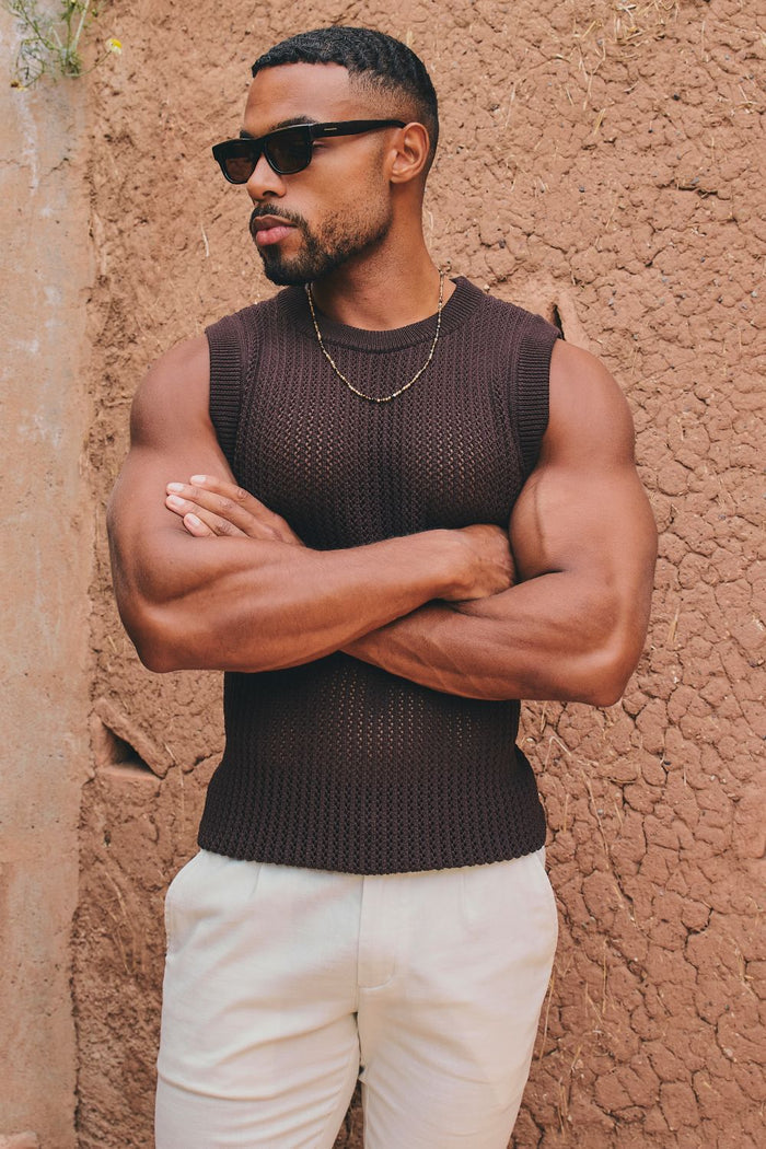 Crochet Knitted Tank Top in Chocolate - TAILORED ATHLETE - USA