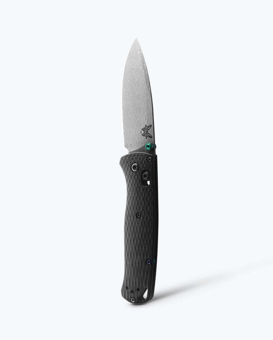 Damascus Steel Custom BUGOUT® knife shown vertically tip up - Carbon Fiber | Benchmade Knife Co.