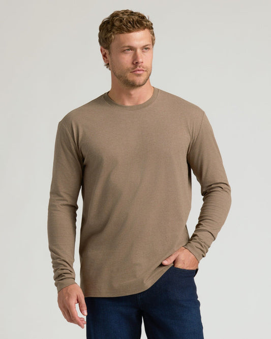 Dark Heather Sagewood Classic Long Sleeve Crew Neck worn by male model.