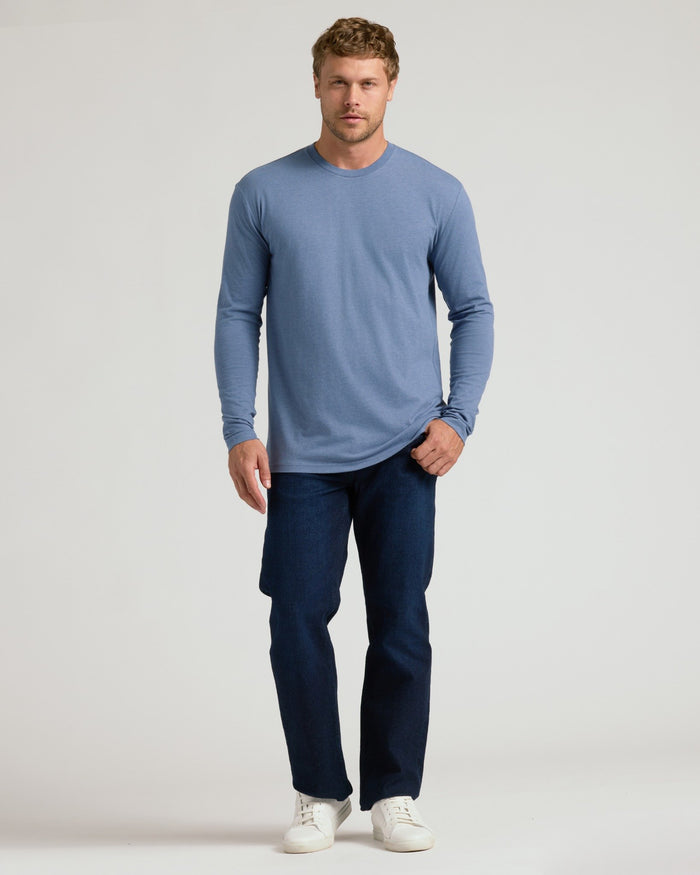 Seasonal Classic Long Sleeve Henley worn with jeans and sneakers.