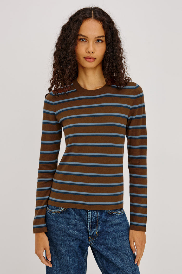 Davie Top in Cotton-Cashmere Blend With Slim Fit, Ribbed Crew Neck, Cuffs, and Hem, and Long Sleeves in Mocha Stripe Colorway - Upper Body Front View Featured on Model