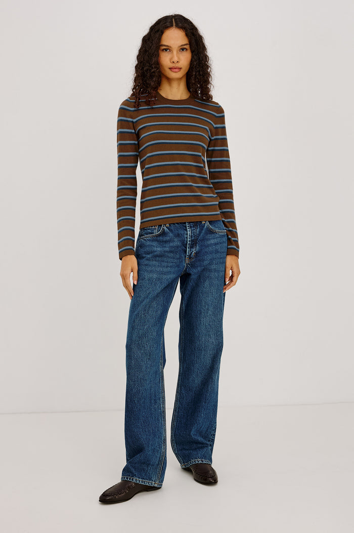 Davie Top in Cotton-Cashmere Blend With Slim Fit, Ribbed Crew Neck, Cuffs, and Hem, and Long Sleeves in Mocha Stripe Colorway - Full Body Front View Featured on Model