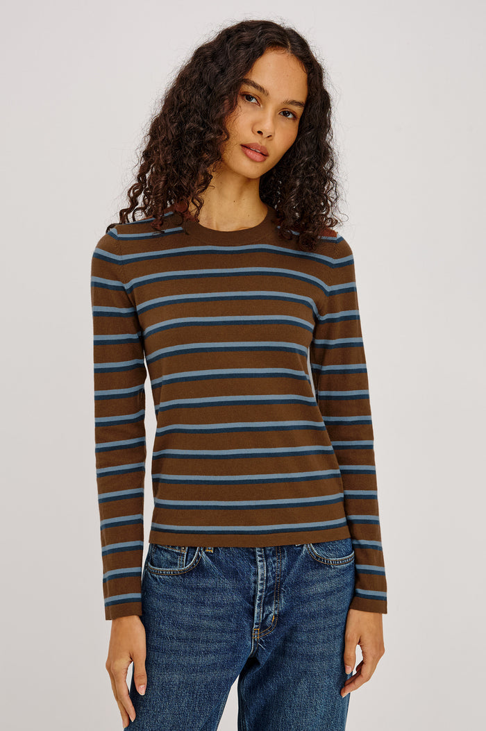 Davie Top in Cotton-Cashmere Blend With Slim Fit, Ribbed Crew Neck, Cuffs, and Hem, and Long Sleeves in Mocha Stripe Colorway - Upper Body Front View Featured on Model