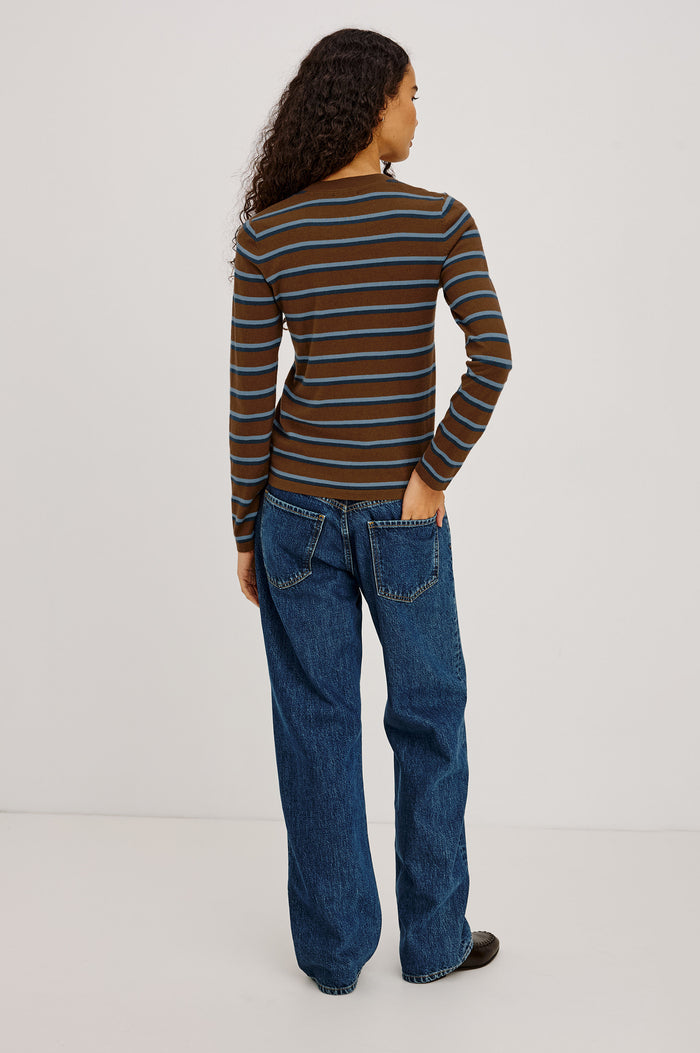 Davie Top in Cotton-Cashmere Blend With Slim Fit, Ribbed Crew Neck, Cuffs, and Hem, and Long Sleeves in Mocha Stripe Colorway - Full Body Back View Featured on Model