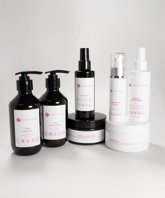 The Perfect Locks Dry Curly Hair Reviver Bundle includes shampoo, conditioner, spray, creams, serum, mask, and leave-in.