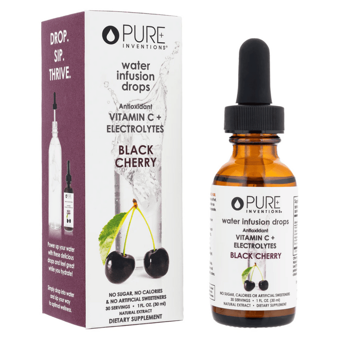 Bottle and packaging of Electrolytes + Vitamin C Black Cherry - | Pure Inventions water infusion drops featuring antioxidant vitamin C and electrolytes for wellness supplements.