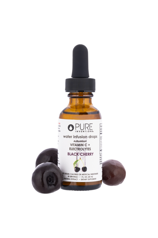 Electrolytes + Vitamin C Black Cherry - | Pure Inventions water infusion drops bottle with black cherries, a wellness supplement for hydration and antioxidant support.