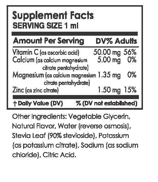 Supplement facts label showing vitamins and minerals including Vitamin C, calcium, magnesium, zinc, and other ingredients such as vegetable glycerin and stevia for Electrolytes + Vitamin C Black Cherry - | Pure Inventions.