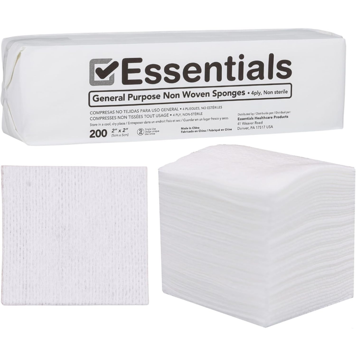 Essentials Non-Woven Gauze Sponges – 2" x 2", 4-Ply, Rayon/Poly Blend, Non-Sterile, Soft & Absorbent, Low-Lint, Disposable – 200 Count