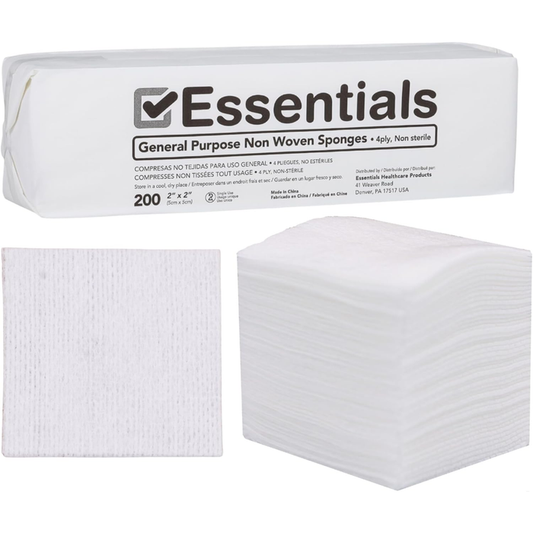 Essentials Non-Woven Gauze Sponges – 2" x 2", 4-Ply, Rayon/Poly Blend, Non-Sterile, Soft & Absorbent, Low-Lint, Disposable – 200 Count