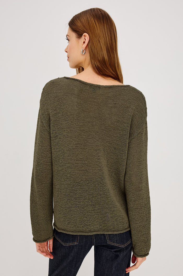 Evangeline Sweater in Luxe Linen Blend With Open Weave, Boat Neck, Relaxed Dropped Shoulders, and Long Sleeves in Olive Colorway - Upper Body Back View Featured on Model