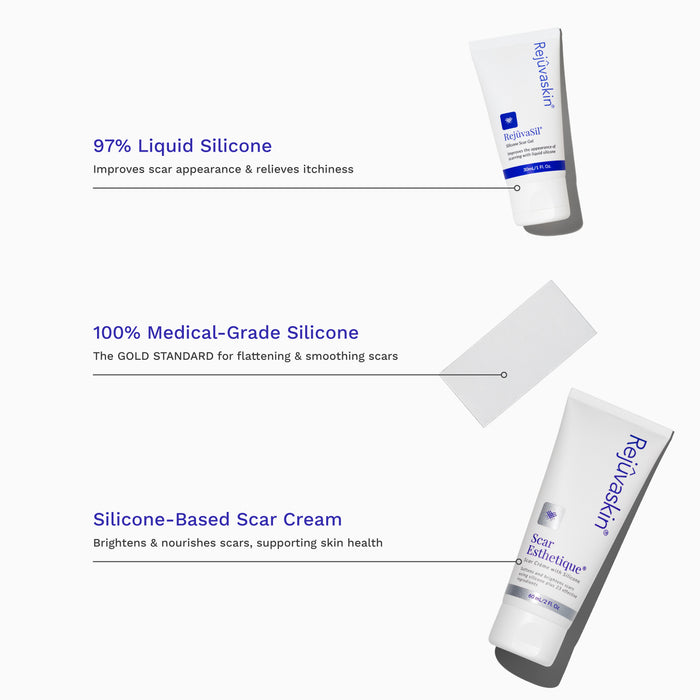 Silicone-based scar cream with text on a white background