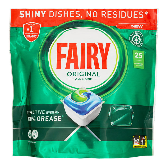 Fairy all in one dishwasher tablets 25 pack on white background