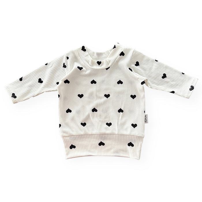 Flipped Black Hearts on White Ribbed Lounge Top