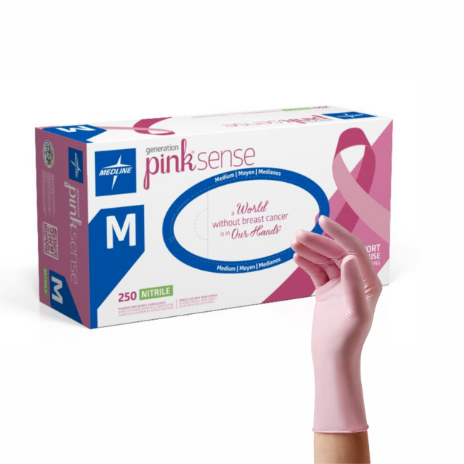 Box of Medline Pink Sense nitrile gloves with a pink glove displayed in front