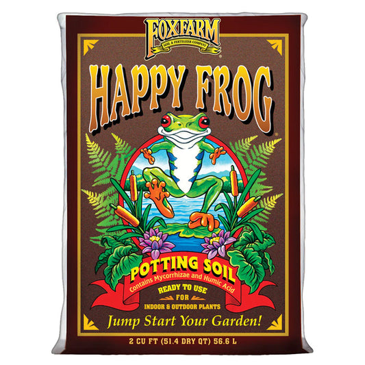 A bag of FoxFarm Happy Frog Potting Soil, featuring a cartoon frog against a backdrop of ferns and water lilies.