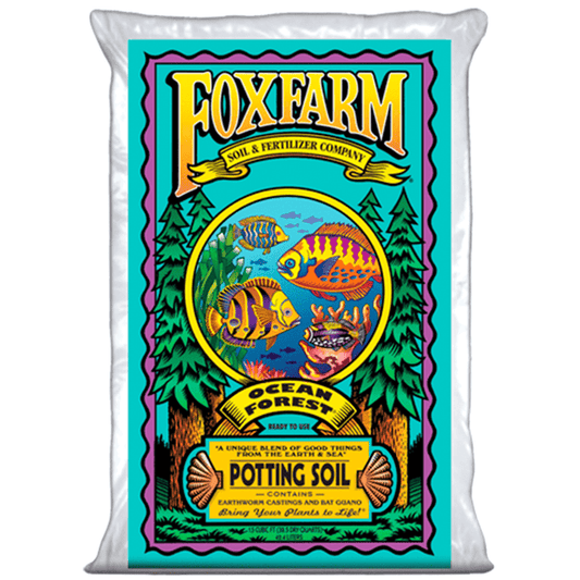 A bag of FoxFarm Ocean Forest potting soil with colorful packaging featuring aquatic plants and the brand logo.