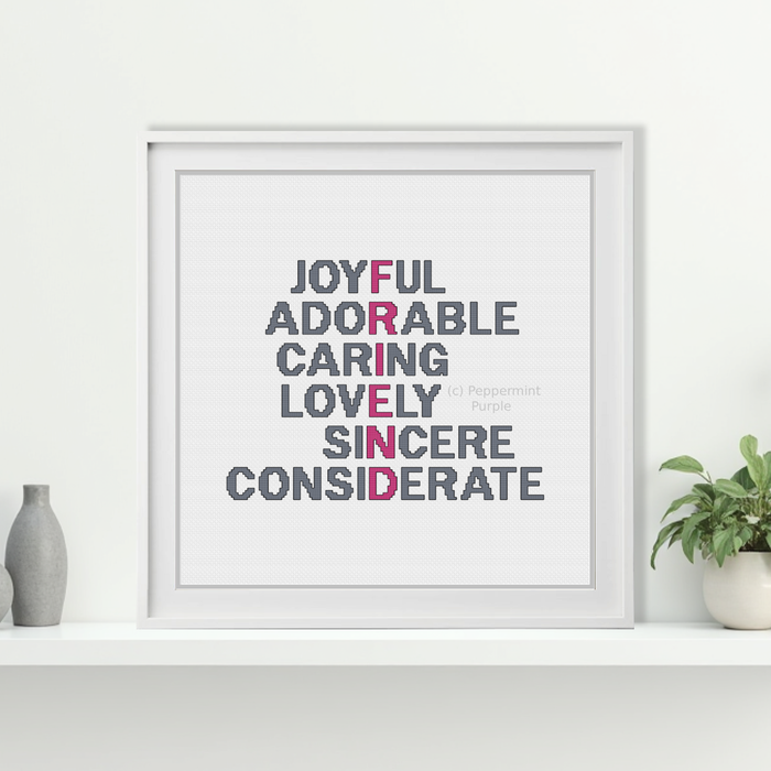 Friend Acrostic Cross Stitch Pattern by Peppermint Purple