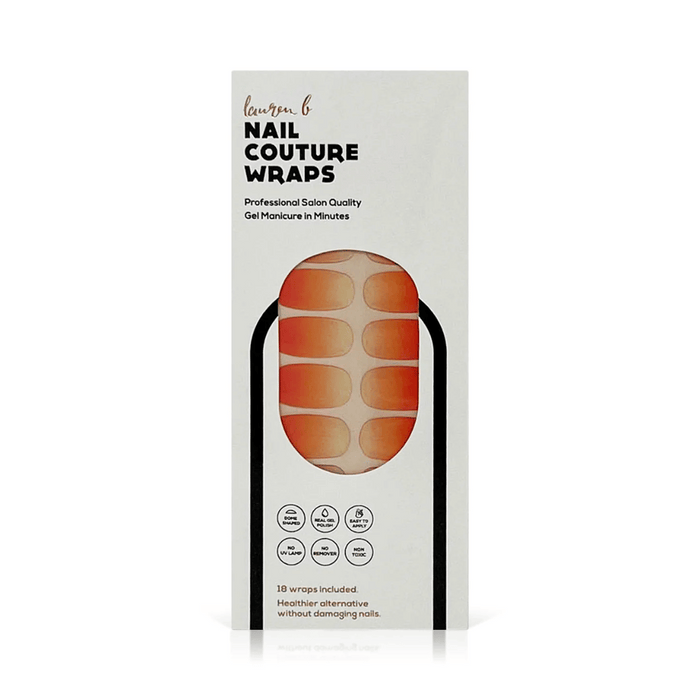 Packaging of Gel Nail Wrap | Lauren B. Beauty showing orange gradient nail couture wraps designed for professional salon quality gel manicure in minutes with 18 wraps included.