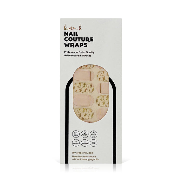 Packaging of Gel Nail Wrap | Lauren B. Beauty showing nail wraps with a pink base and gold leaf design, promoting easy application and salon-quality gel manicure at home.