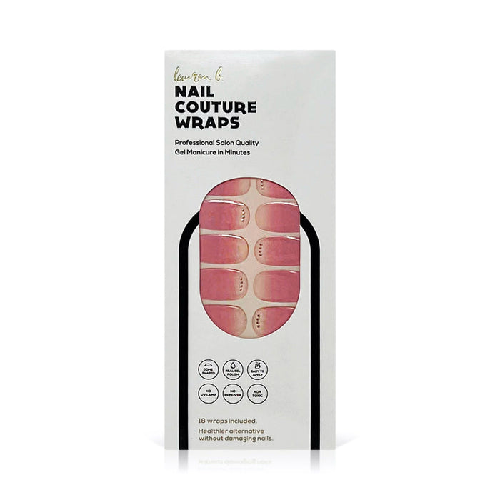 Packaging of Gel Nail Wrap | Lauren B. Beauty showing soft pink gradient nail wraps with subtle embellishments for a professional salon-quality gel manicure alternative.