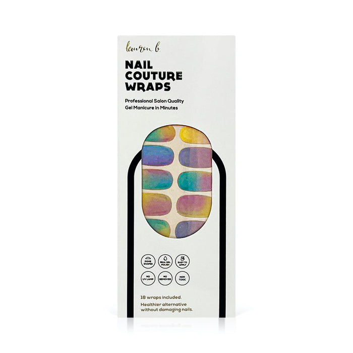 Packaging of Gel Nail Wrap | Lauren B. Beauty showing colorful, nail couture wraps designed for a professional salon-quality gel manicure with 18 wraps included.