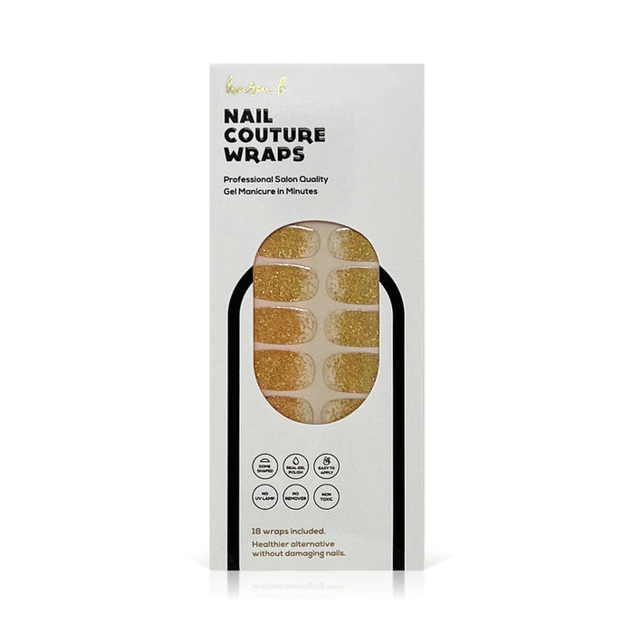 Box of gold glitter gel nail wraps showcasing the Gel Nail Wrap | Lauren B. Beauty for easy, professional-quality salon manicure at home.