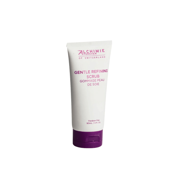 Tube of Gentle Refining Scrub | Alchimie Forever skincare product with white packaging and purple text and cap, designed for gentle skin exfoliation and refinement.