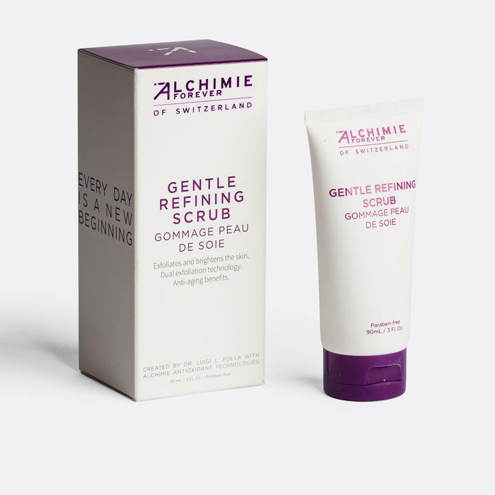 Gentle Refining Scrub | Alchimie Forever skincare product with white and purple packaging, designed to exfoliate and brighten the skin with anti-aging benefits.