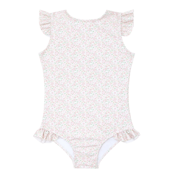 girls antique floral ruffle cap sleeve one piece