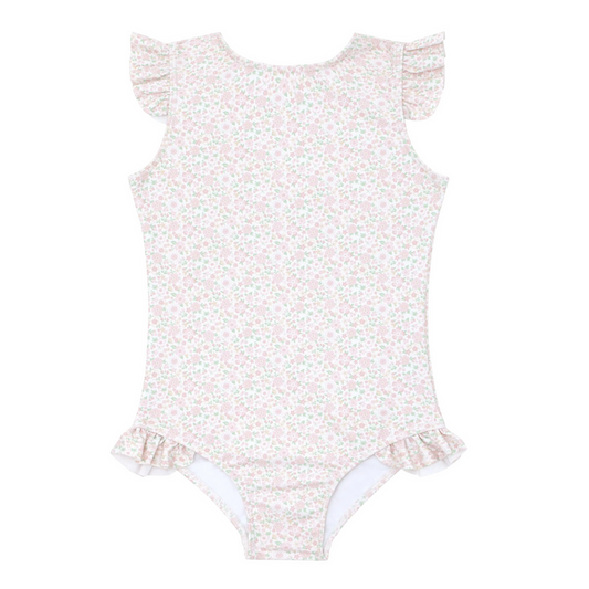girls antique floral ruffle cap sleeve one piece