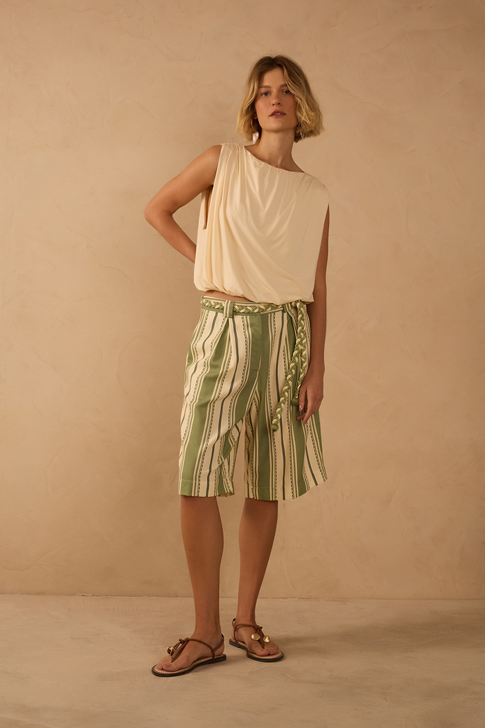 Green Descanso Stripes Linen Bermuda Shorts_1