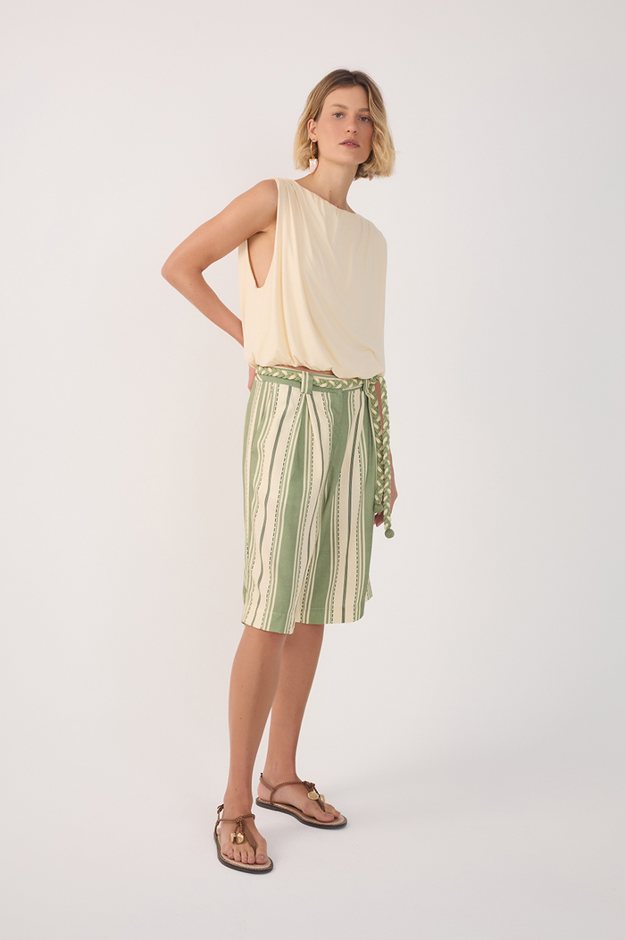 Green Descanso Stripes Linen Bermuda Shorts_2