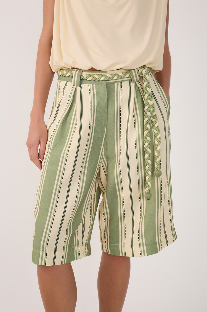 Green Descanso Stripes Linen Bermuda Shorts_3