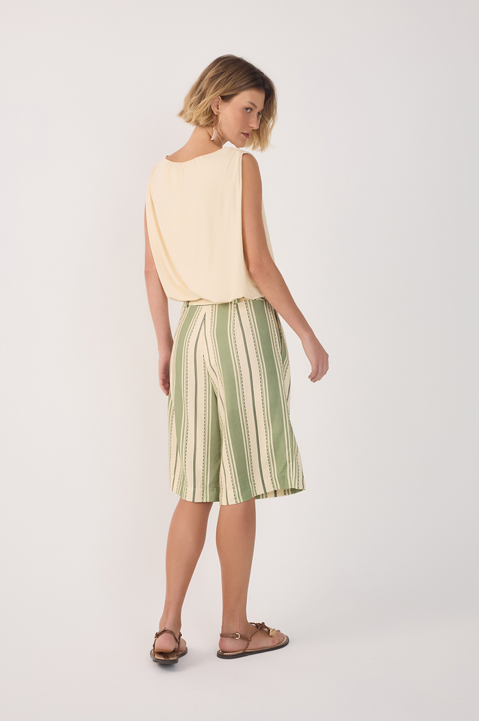 Green Descanso Stripes Linen Bermuda Shorts_5