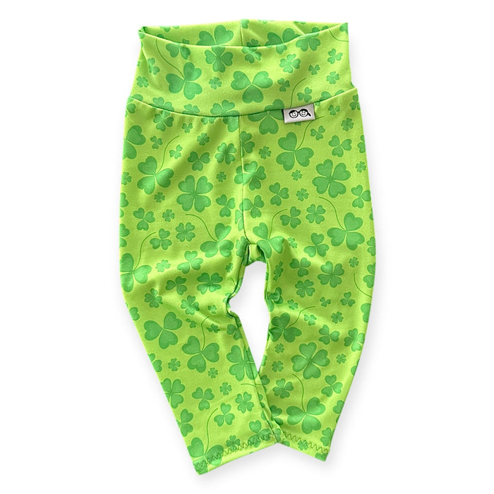 Bright green shamrock leggings for babies and toddlers, perfect for St. Patrick's Day or festive everyday wear. Soft, stretchy, and comfortable for active little ones.