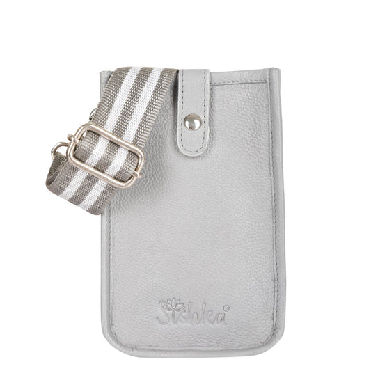Grey genuine leather phone crossbody sling bag for travel, shopping, commuting and everyday use