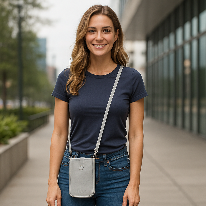 Grey genuine leather phone crossbody sling bag for travel, shopping, commuting and everyday use