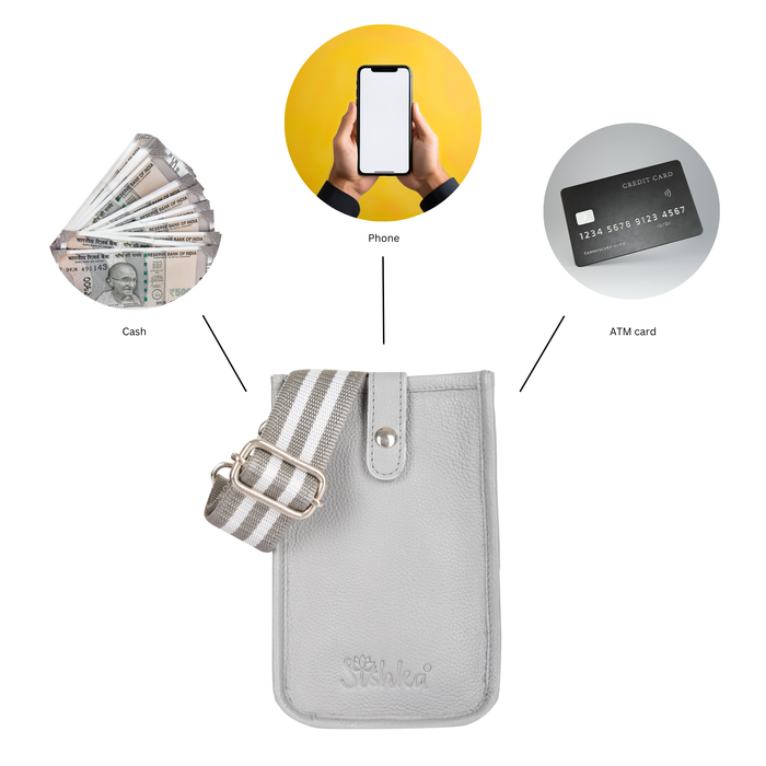 Grey genuine leather phone crossbody sling bag for travel, shopping, commuting and everyday use