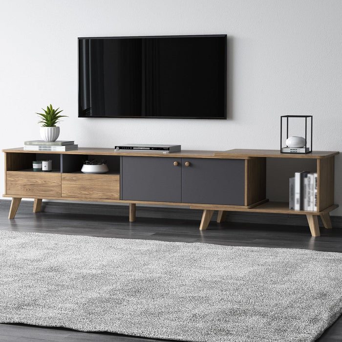 Guyii TV stand featuring a unique extendable design for customizable size and storage.