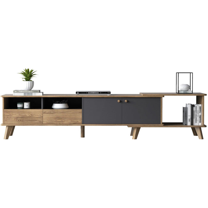 TV stand with ample storage options, including hidden drawers and open shelves for media organization.