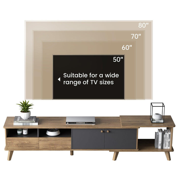 Durable TV stand supported by solid wood legs, ensuring stability for your television and accessories.
