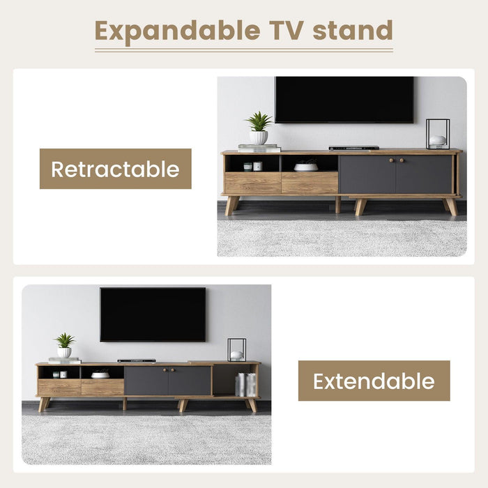 Durable TV stand supported by solid wood legs, ensuring stability for your television and accessories.