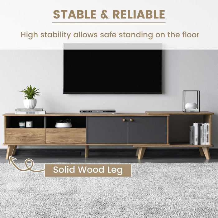 Stylish TV stand featuring a combination of natural wood and sleek grey finish for modern decor.