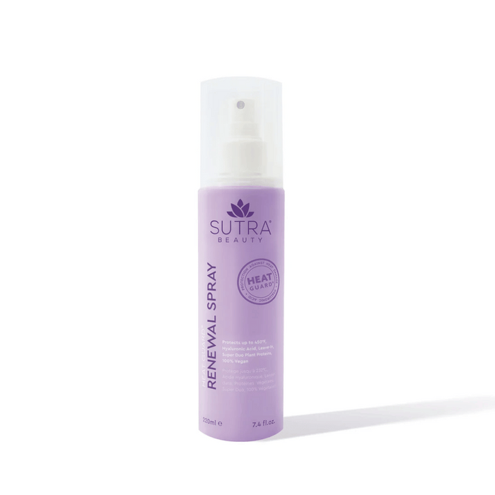 A lavender-colored spray bottle of Heat Guard Renewal Spray | SUTRA with a clear cap, designed for skincare and body care protection.