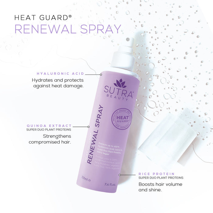Spray bottle of Heat Guard Renewal Spray | SUTRA in lavender color with water droplets, highlighting benefits of hyaluronic acid, quinoa extract, and rice protein for hair hydration, protection, strength, and shine.