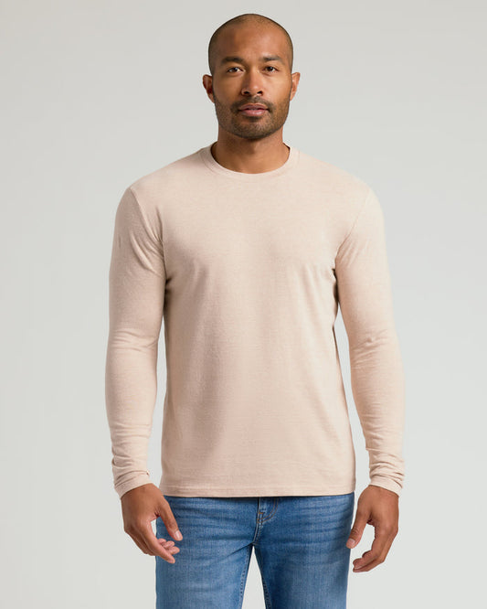 Heather Camel Classic Long Sleeve Crew Neck on man, neutral background.
